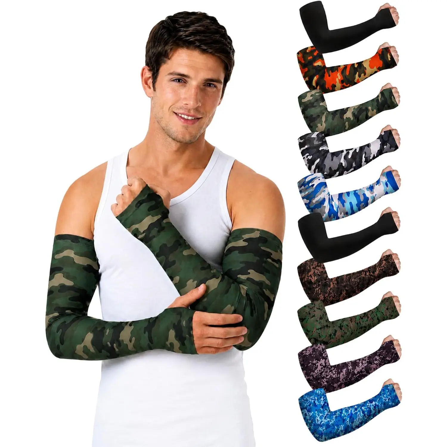 10 Pairs Spandex Camo Print Arm Sleeves - UV Sun Protection, Cooling Compression, Thumb Holes, Moisture-Wicking for Men/Women Outdoor Work Sports & Outdoor Accessories, Universal Fit