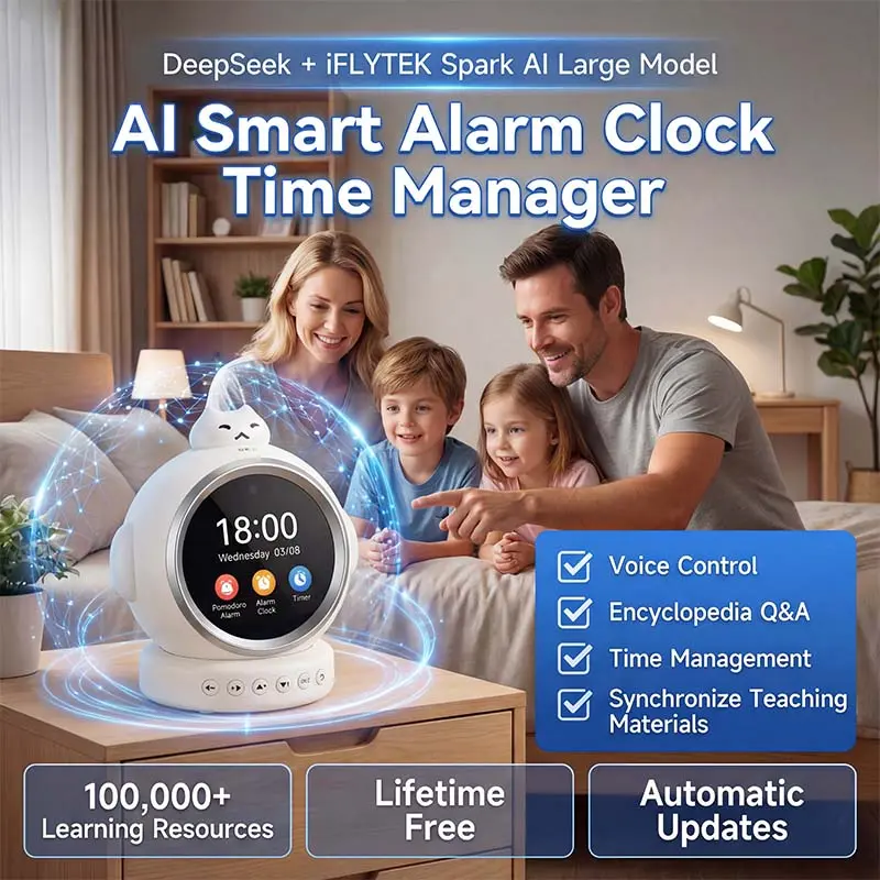 Rechargeable Dual AI Kids Smart Alarm Clock with USB Charger, Clock+Cable, DeepSeek & iFLYTEK Large Models, Voice Control, 100000+ Teaching Resources, Pomodoro Timer, Remote Parent Monitor, English Tutor (Electronic Learning Device)