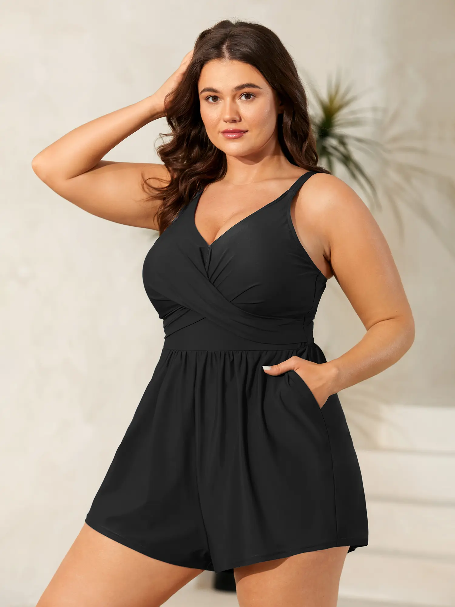 BloomChic Women's Plus Size Twist Front Swim Romper, Sleeveless V-Neck Nylon Blend Resort Beachwear with Pockets, Sleeveless Swim Dress, Beachwear Swimdress, Bathing Suit, Female, Tunic, Bodycon, Removable Cups, Rashguard