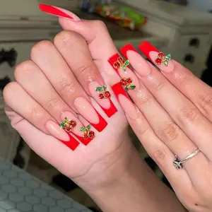 24pcs Long French Style Nail Art Stickers, Edge Design, Butterfly & Cherry Tree Patterns, Easy Wear Manicure Set