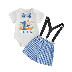 Newborn Infant Baby Boy My 1st Easter Outfits Bunny Letter Print Short Sleeve Romper Plaid Suspender Shorts 2Pcs Set Summer Clothes