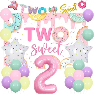 1Set Two Sweet Birthday Decorations for Girls  Donut 2anniversary Birthday Theme Backdrop Kit with Banner Pastel Latex Balloons and Foil Balloons Doughnut Dessert Theme Girl Two Year Old Party Supplies