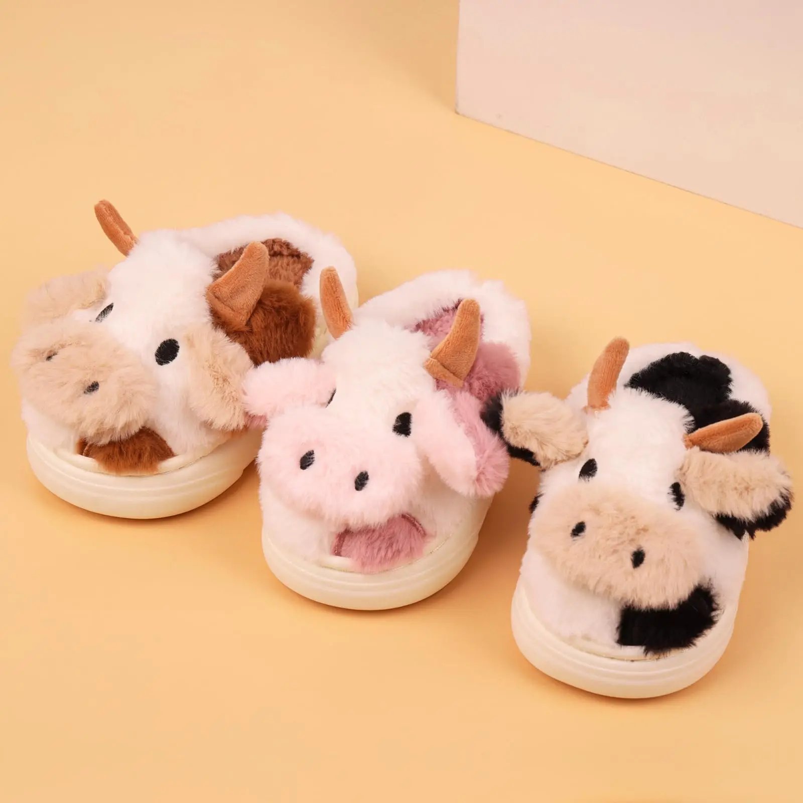 Cow Cotton Cute Cartoon Fuzzy Cotton Slippers For Girls And Boy's Indoor Home, Winter Autumn Winter Cotton Slippers With Thick Soles Home Footwear