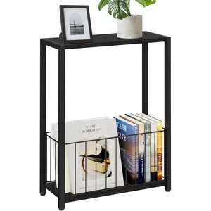 Narrow Side Table with Magazine Holder, Skinny End Table Perfect for Small Spaces, Space-Saving Design for Living Room, Bedroom, Office, 7.1" D x 16.9" W x 23.6" H, Black
