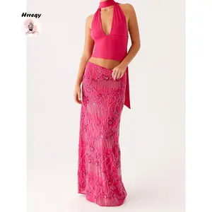 Women Summer Skirt Casual Elegant Sequin Floral Embroidery Long Skirt for Beach Vacation Club Streetwear