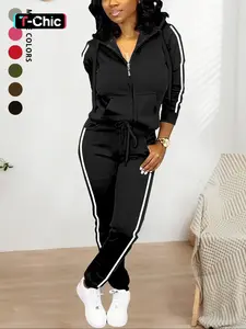 Women's Fall Winter Casual Fitted Two-Piece Set, Solid Color Hooded Zipper Sweatshirt & Long Pants, Comfortable Daily Wear, Womenswear