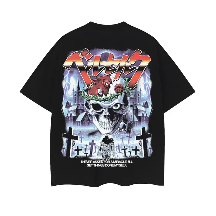 [KM 100%cotton]Berserk "Large Format Print" Heavyweight Vintage Tee 100% Cotton OVERSIZED Anime T-shirt Menswear Top Gothic Clothes Tshirt Casual Streetwear Black Crewneck Baggy Tropical Shortsleeve Loose