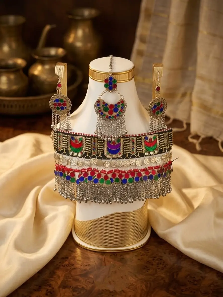 Afghan Kuchi Jewelry Set for Women with Detailed Craftsmanship, Colorful Boho Choker Necklace and Drop Earrings, Metal Coated with Coin Tassels for Wedding & Festival, Stylish Accessories, Vintage Ethnic Artistry, Modern Boho Style, Multicolor Stone, Vibr
