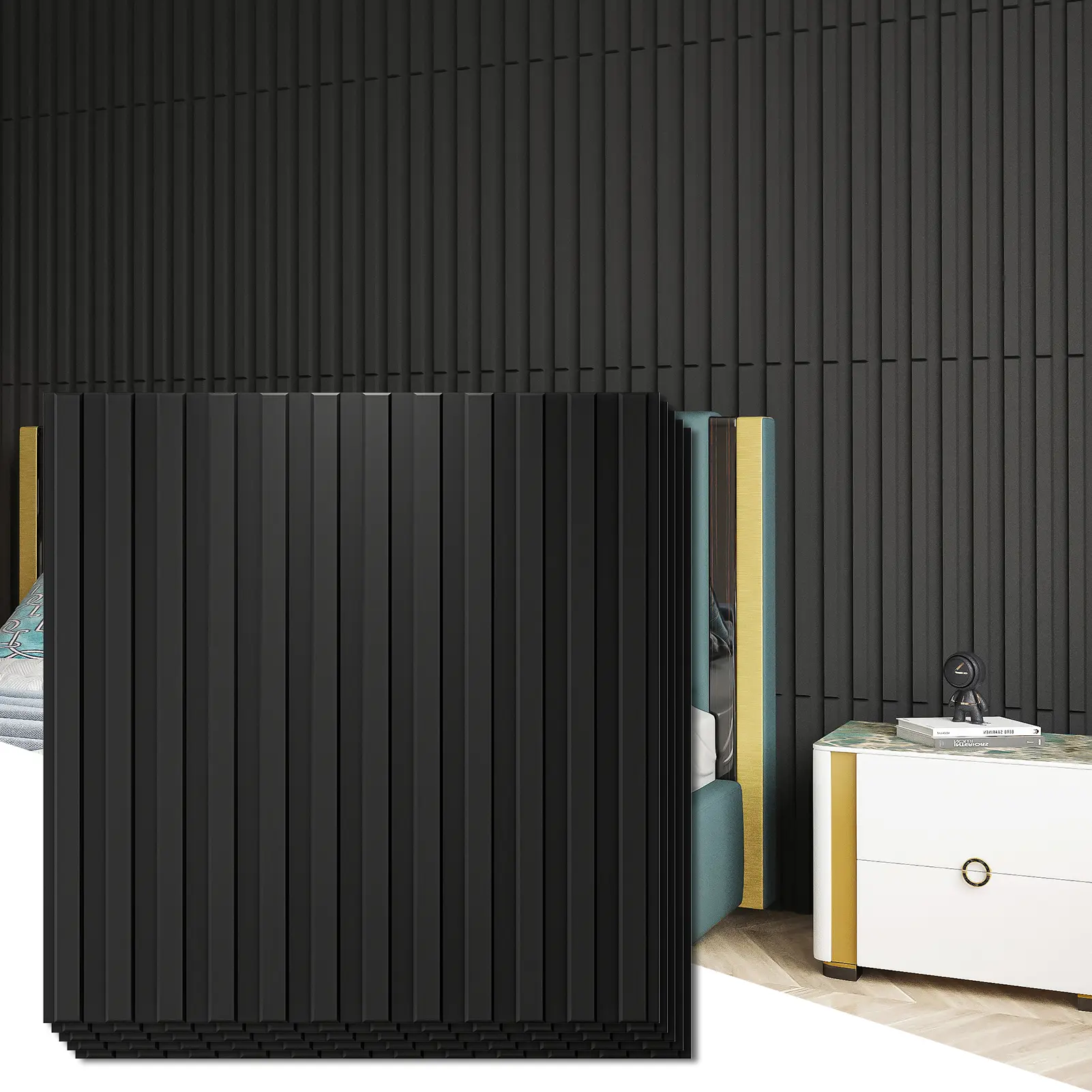 Art3d Black Textured PVC Square 3D Slat Wall Panels with Decorative Geometric Molding - 12-Pack, 19.7"x19.7", Covers 32 Sq.Ft, DIY Contemporary Interior Decor for Restaurants, Home Improvement Building Supplies