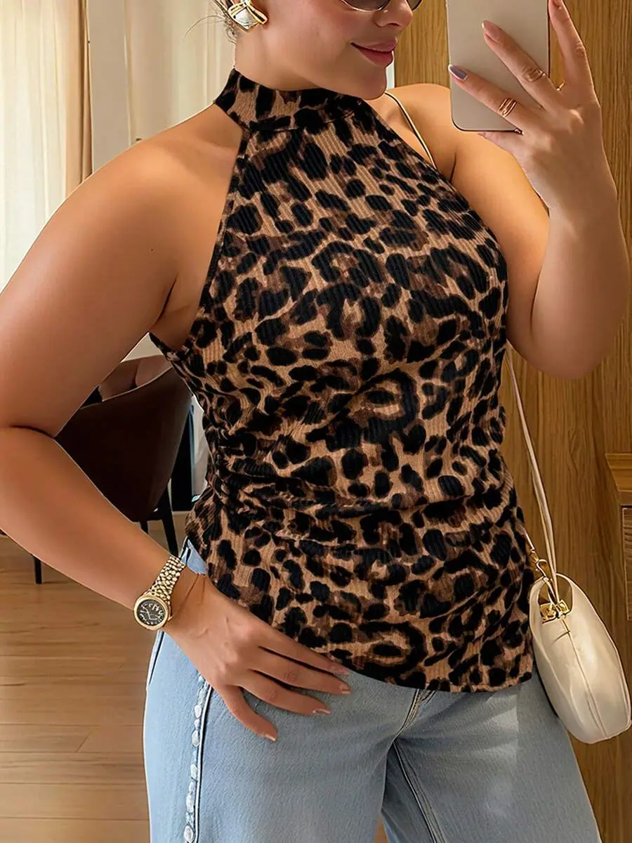 Elara x Vionelle Plus Size Women's French Style Leopard Print Halter Top,Black,Autumn,Classy,Night Out Club Elegant High Neck Sleeveless Camisole Cheetah Animal Tops