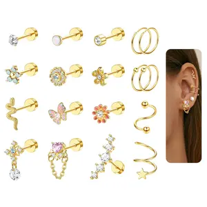 LOYALLOOK 18pcs Cartilage Earring Stud for Women Surgical Steel CZ Flat Back Earrings Couch Hoop Piercing Opal Flower Sanke Helix Tragus Piercing Earring Stud Piercing Cute Cubic Zirconia Nickel Free Personalized Elegant Minimalist Fashionable Daily Wear