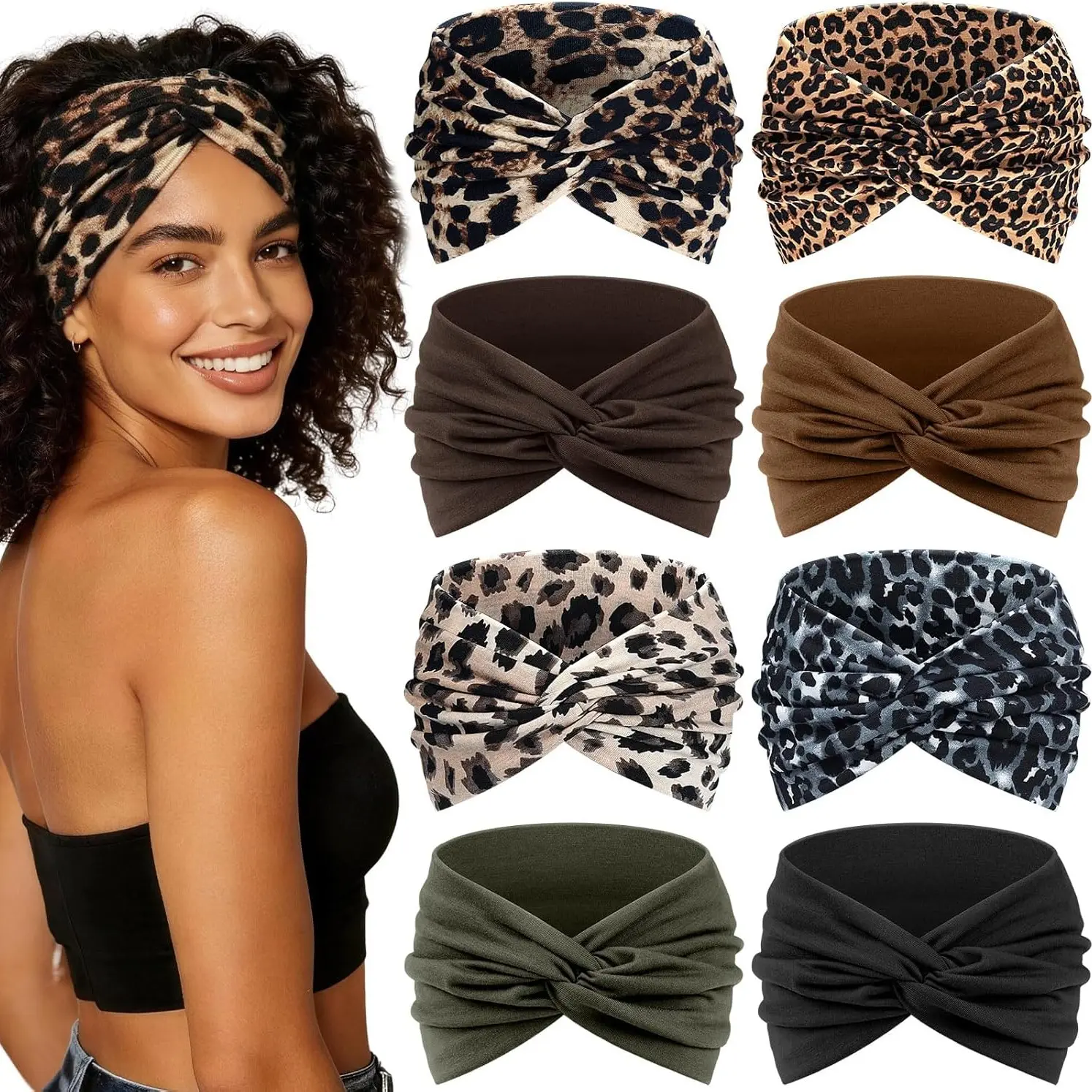 8pcs Women's Bohemian Leopard Print Twist Headband, Multicolor Pack, Fashionable Retro Headband for Daily Wear, Sweat-Absorbing Headband, Sport Headbands for Workout, Yoga & Running, Elastic Fashion Headbands