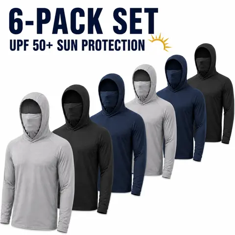 Men's 6-Pack Hooded Work Shirts with Built-In Face Cover, UPF 50+ Sun Protection, Long Sleeve Quick-Dry Shirts for Construction, Landscaping