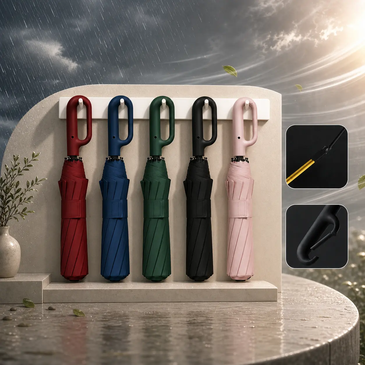 Automatic Open & Close Folding Umbrella with Double Choice, Hanging Ring Handle, Waterproof, Windproof, Sun Protection, Lightweight Portable Umbrella for Men & Women