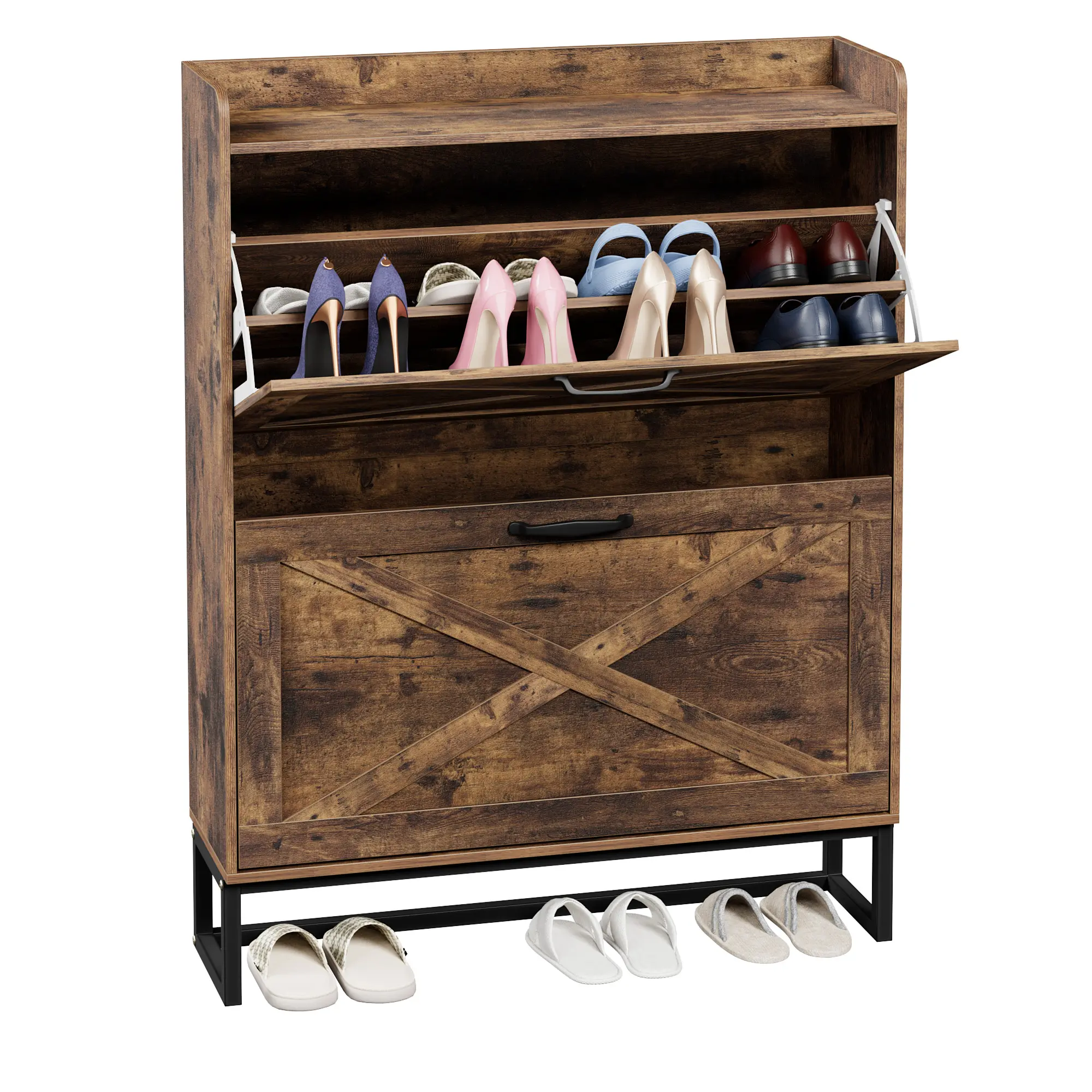Segawe Sturdy Narrow Rustic Brown MDF Wood Shoe Cabinet - Metal Legs, 2 Flip Drawers, Shelf, Shoe Rack, 9.35" Space Saver, Adjustable Unit for Porch Indoor Storage & Display (Space Saving Furniture)