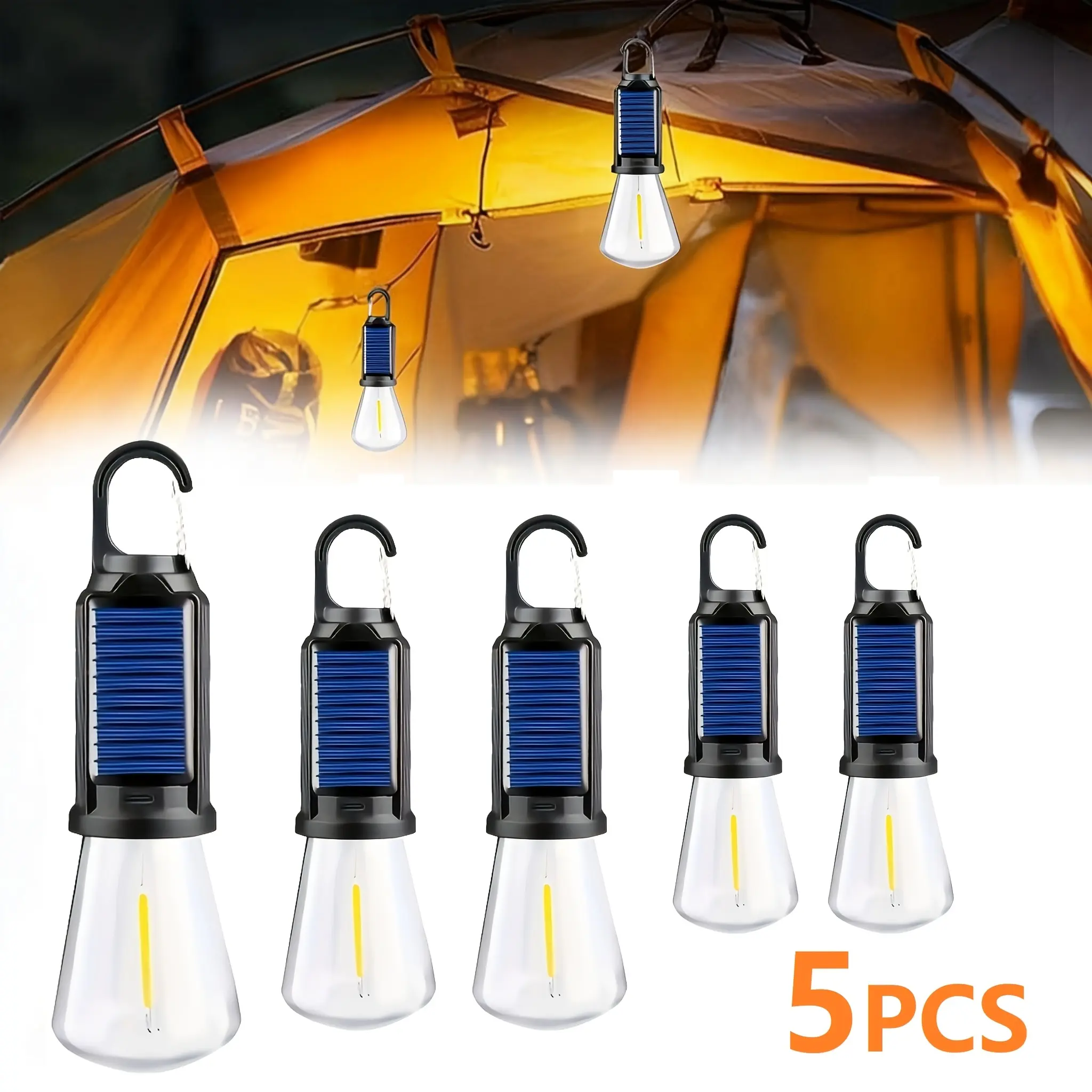 5PCS Rechargeable Solar LED Light Bulbs with Waterproof Clip Hook, Solar Outdoor Lights, Portable Camping Gear for Hiking & Emergency Use,father'sdaygifts,campingessentials,campinggear