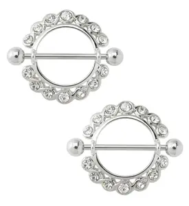 Nipple Ring CZ Diamond Gem Barbell Shield