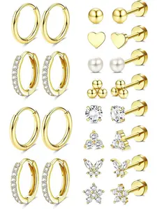 Hypoallergenic 14K Gold Plated Stud Hoop Earrings for Women Men Stainless Steel Flat Back Earrings Small Huggie Hoops Cartilage Earring Set for Multiple Piercing Jewelry Gift for Women Studs Earrings