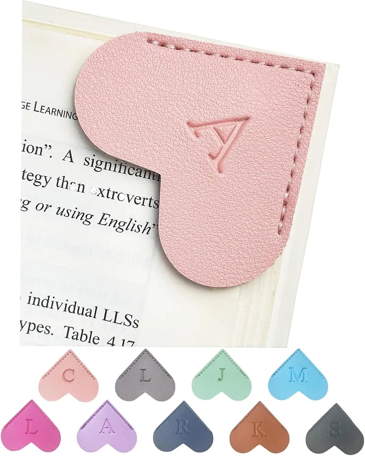 Personalized Leather Heart Bookmark with Initials, Handmade, Cute Custom Corner Book Marks for Reading Women, Teachers, Students, Book Lovers Gifts, Book Accessories (Pink, A)