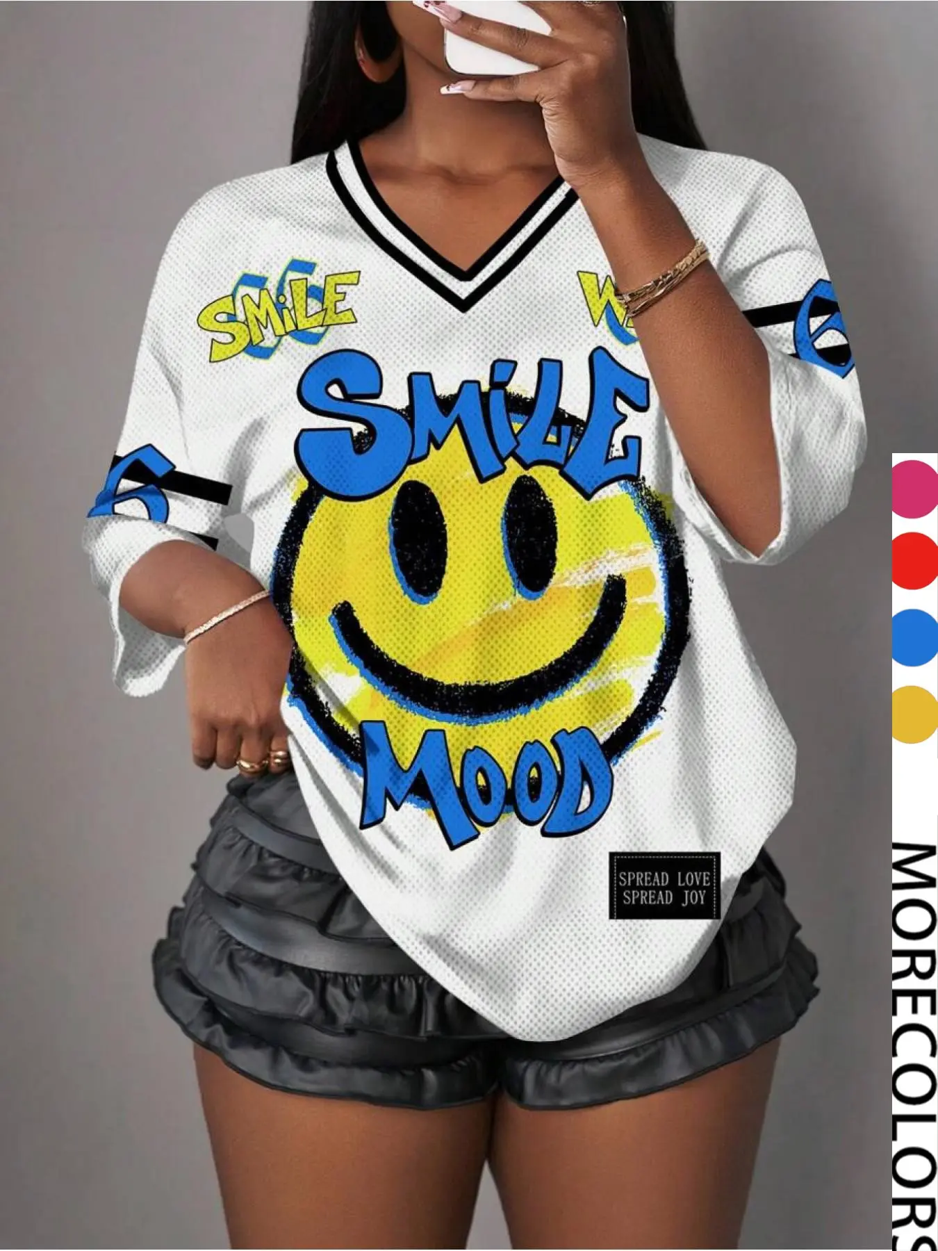 Y2K Retro Mesh Letter Smile Print Sporty Jersey, Women's V-Neck Breathable T-Shirt, Street Style Festival Daily Wear Top, Fashion Summer Sportswear