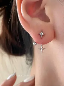 2pcs Korean Silvery Star Water Drop Small Ear Buckle Earrings, Stud Earrings, Alloy Material with Ear Needles, Fade-Resistant, Hypoallergenic, Stacked Earrings for Women, Stackable Earrings, Earring Stacking Set, Ins Earrings for Christmas, Valentine's