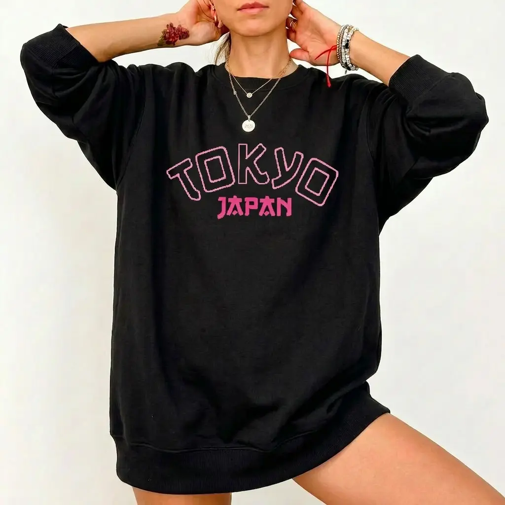 Women's Oversized Cotton Longsleeves Printed Pink Letter Graphic Sweatshirt, Kawaii Aesthetic Crewneck Pullover, Tokyo Japan Travel-Inspired Soft Girl Pastel Apparel, Fleece Streetwear Top