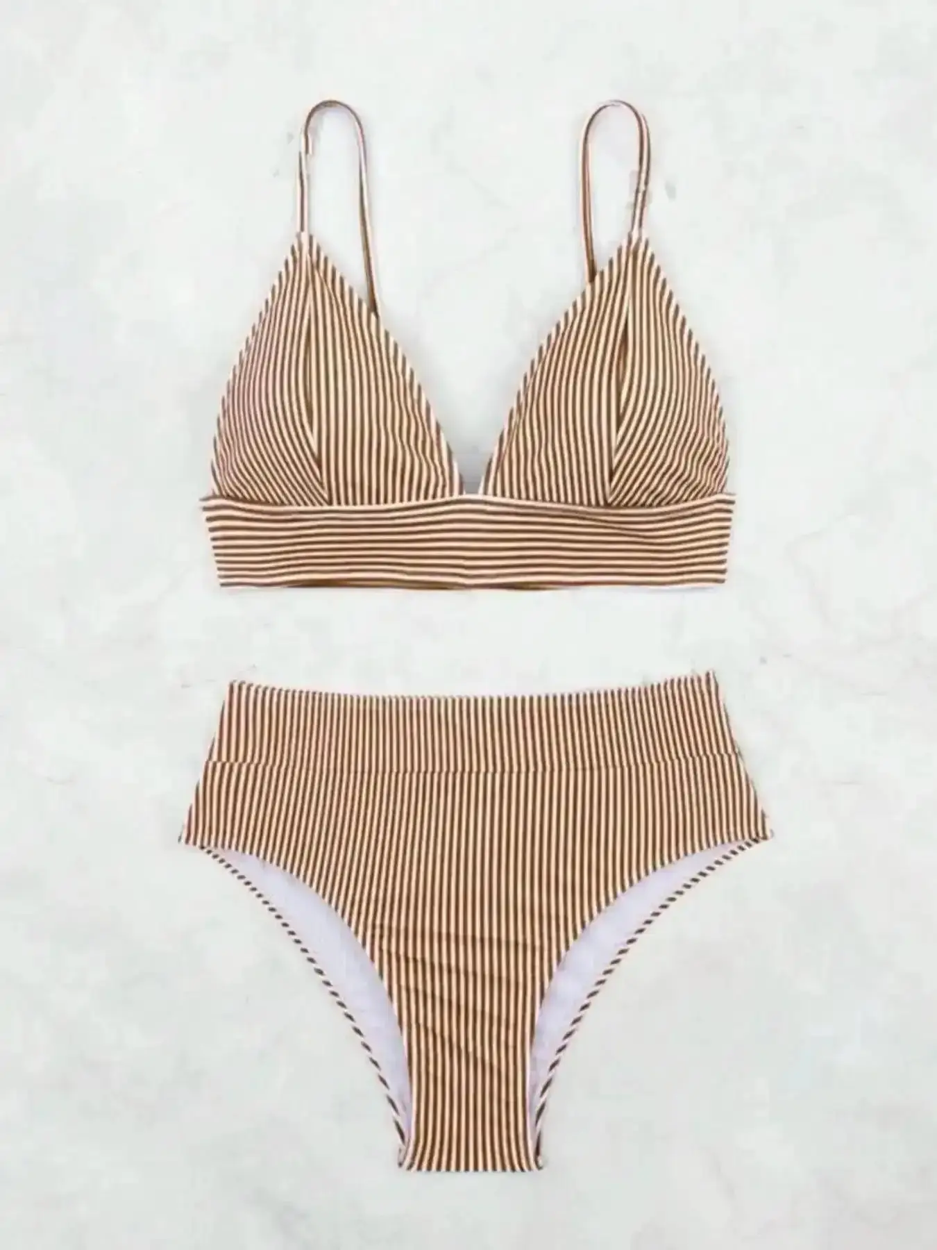 Women's Chic Striped Bikini Set, Casual Adjustable Strap Swim Top & High Waist Swim Bottom, Swimsuit for Beach Holiday Vacation, High Waist Swimwear, Bikinis Set, Tummy Control, Stretchy, Versatile