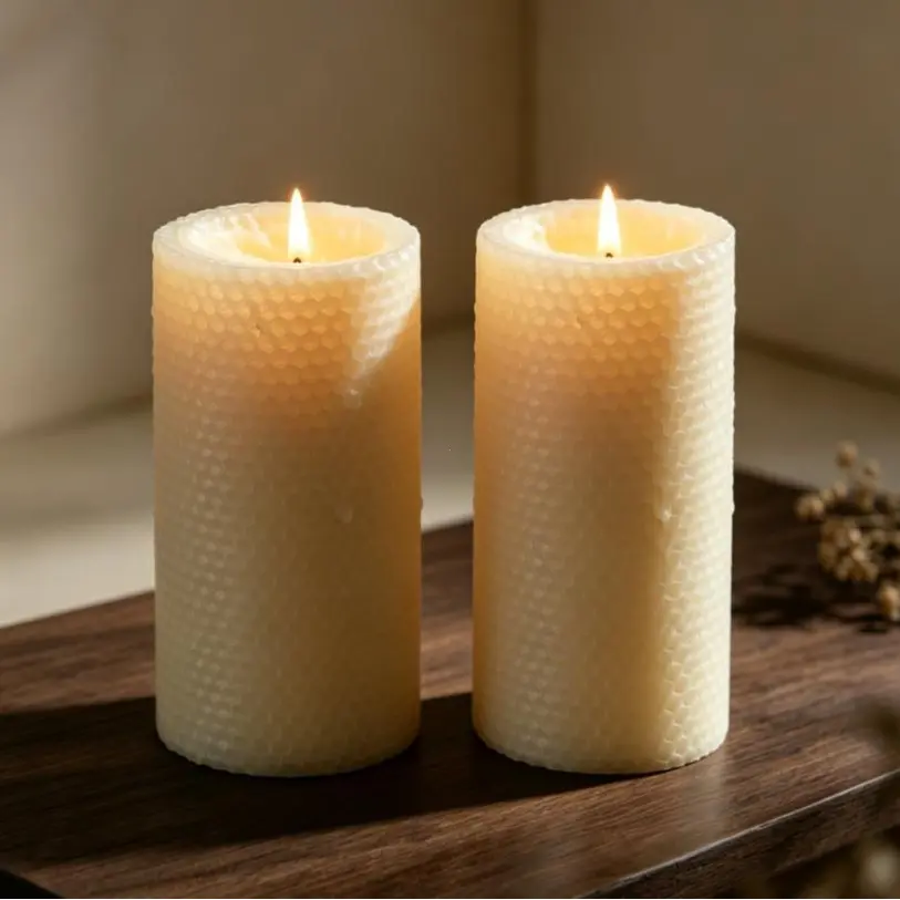 2pcs beeswax pillar candles hand rolled honeycomb texture long burning extra large size 6×15cm white vintage style candles for wedding dinner christmas party home table decoration ideal gift