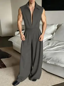 INCERUN Men's Half-Open Collar Vest + Wide-Leg Pants Set, Casual Summer Daily Wear, Loose-Fitting Solid Pattern Suit, Comfortable and Stylish