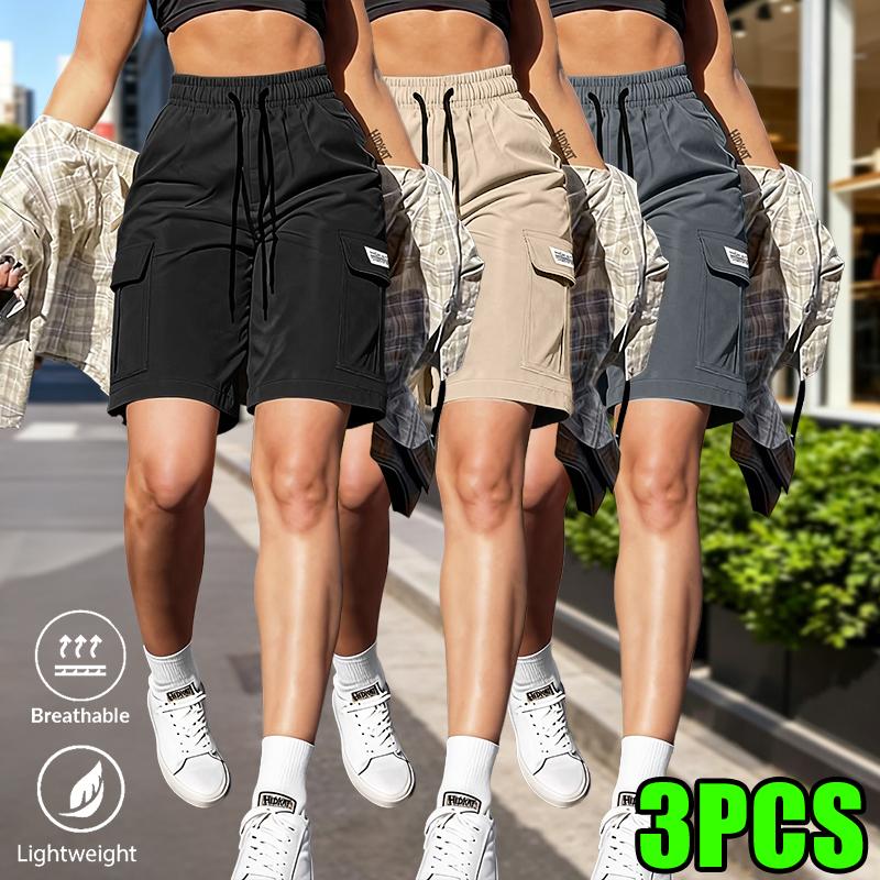 3-pack women’s cargo shorts for summer with elastic waistband, side pockets, and drawstring; durable, multi-pocket, breathable—ideal for outdoor sports and everyday wear.Summervibes 3-pack women’s cargo shorts for summer with elastic waistband, side pockets, and drawstring; durable, multi-pocket, breathable—ideal for outdoor sports and everyday wear.Summervibes