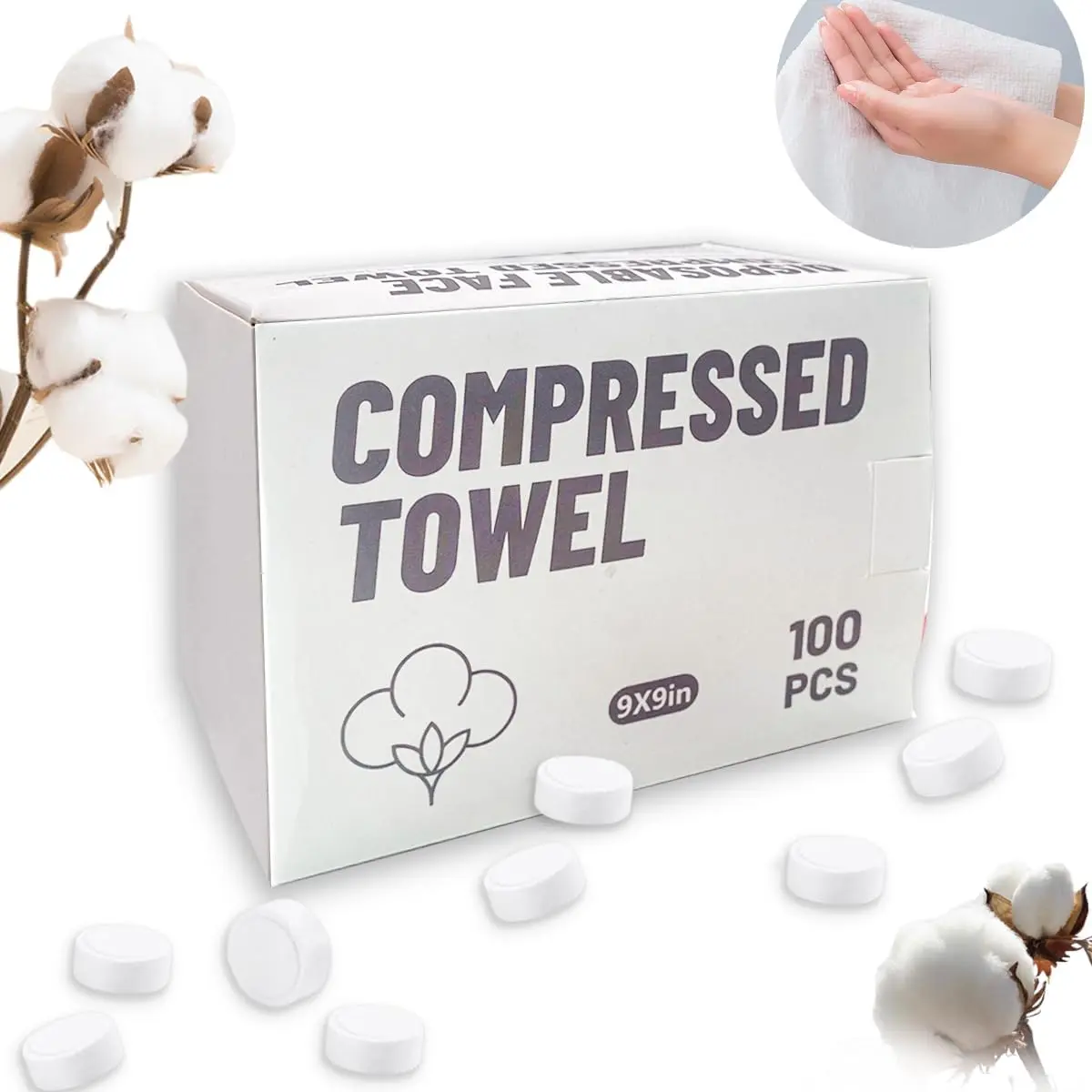 Mini Compressed Towel Portable Disposable Compressed Cotton  Standalone Paper Towels for Travel, Camping, Hiking, , Beauty Salon, Household Towels 100 count (8.5inx9in)