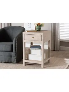 Baxton Studio Dansby Modern Faux Shagreen 1-Drawer Pre-Assembled Rectangle End Table, Beige, 18.10x18.10x28.30 in (Model 193271451005), Pre-Assembled End Tables, Rectangle End Tables