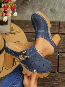 Summer Hollow Out Breathable Open Toe Half Slipper Women's Chunky Heel Thick Sole Platform Fashion Mules Shoes