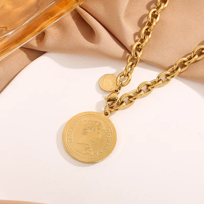 Gold Plated Coin Shape Pendant Necklace, Titanium Steel Thick Chain, Retro Portrait Medallion Statement Stunning Jewelry for Men Women Gifts