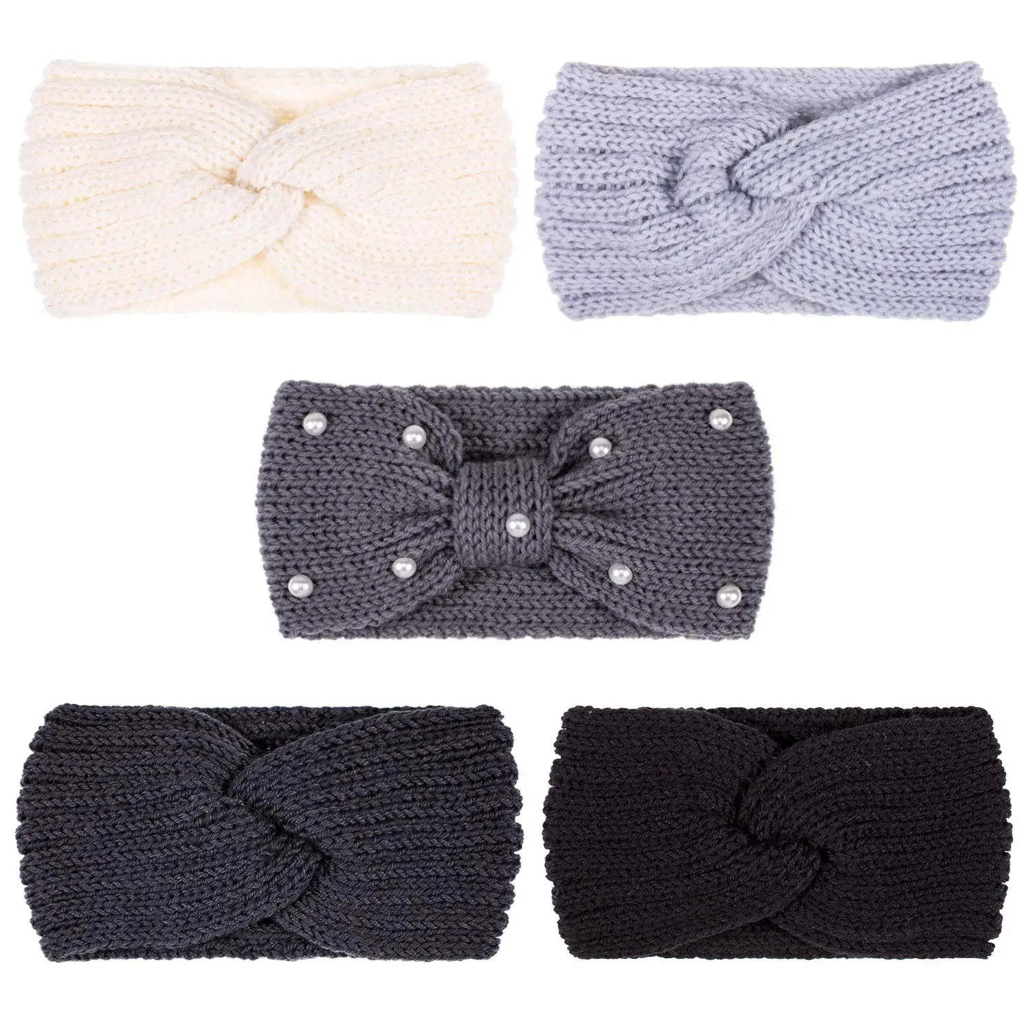 5 Count Winter Knit Headbands Chunky Knit Headbands,4 Elastic Turban Head Wraps and 1 Pearl Crochet Hair Band, Ear Warmer Crochet Head Wraps for Women Girls