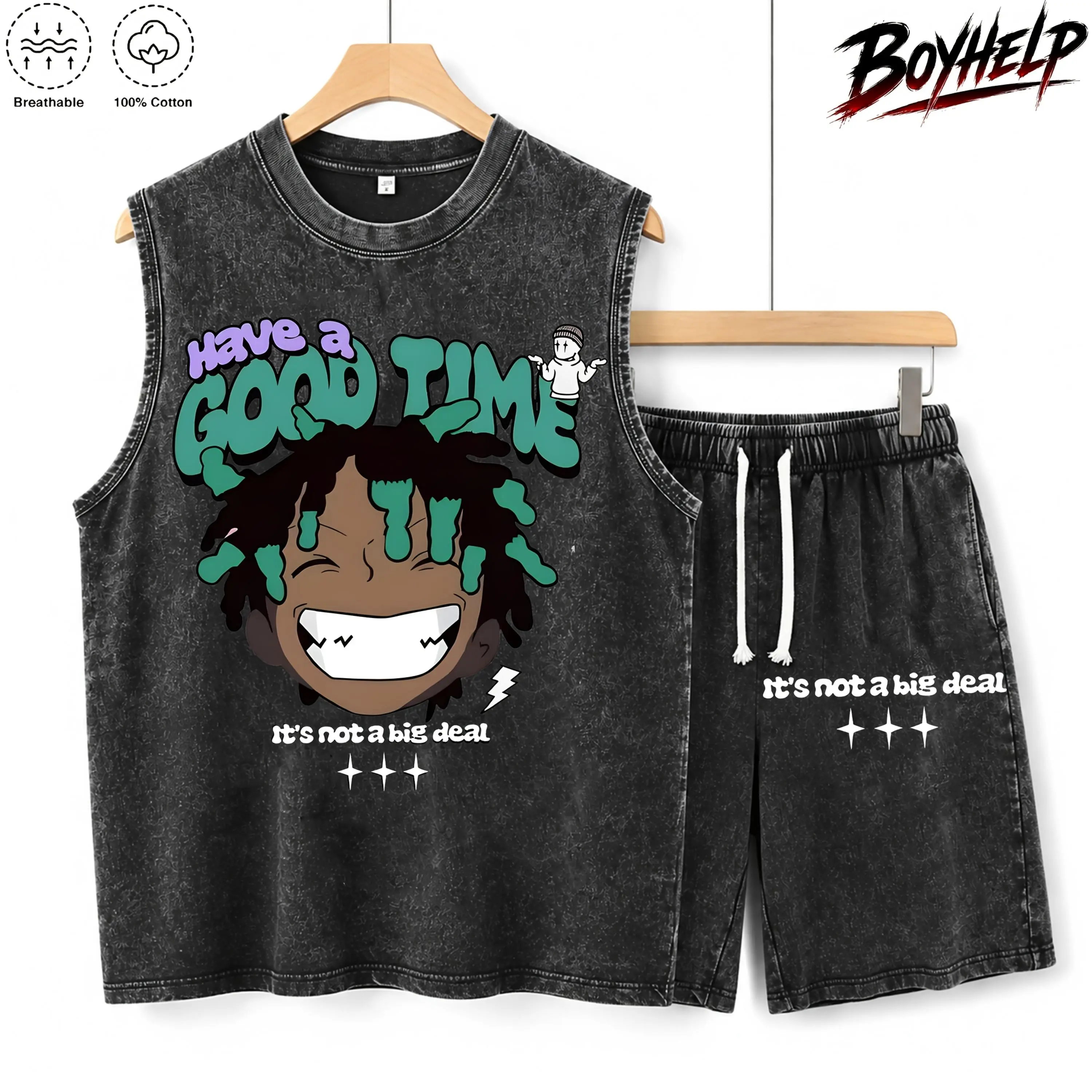 Two-Piece Set Men's Cartoon Print Washed Vest & Shorts, Regular Fit Casual Fashion Cozy Round Neck Shortsleeve T-shirt & Shorts for Daily Outdoor Wear, Men Two-piece for Summer, Summer Outfits Set, Casual Style Set, Menswear Unisex Streetwear sohochic
