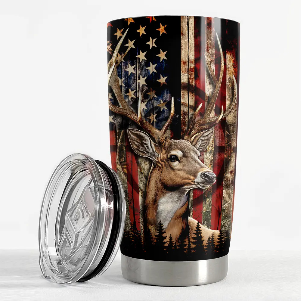 20oz Stainless Steel Thermal Vacuum Insulated Hunting Deer Tumbler with Lid - Watercolour Stripes Modern Drinkware, Portable Travel Coffee Flask, Adult Hunter Gift for Father’s Day, Birthday