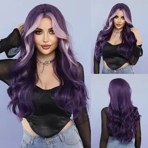 Purple Wig Long Highlight Wavy Wigs for Women Synthetic Hair Replacement Wigs Halloween Cosplay Daily Party Heat-Resistant Fiber Wig