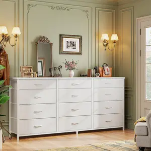 Raybee 55" Long Dresser for Bedroom with 12/13 Fabric Drawers, Wide Storage Dresser & Chest of Drawers, Entertainment Center for 60 Inch TV, Metal Frame Wood Top Organizer for Living Room & Apartment, Modern Home Décor Furniture, Cozy Christmas Gift Idea