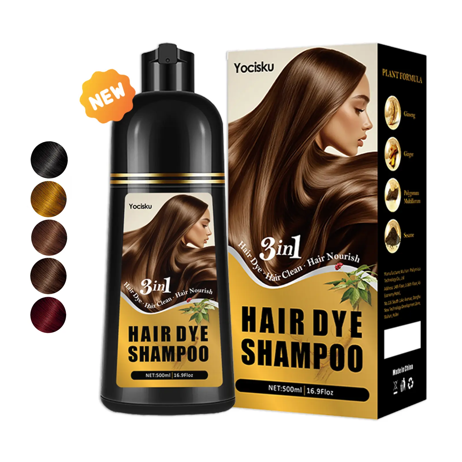 5 Colors Hair Colos Shampoo 3 in 1 for Gray Hair, Herbal Ingredients Natural Shampoo Dye Hair for Women Men