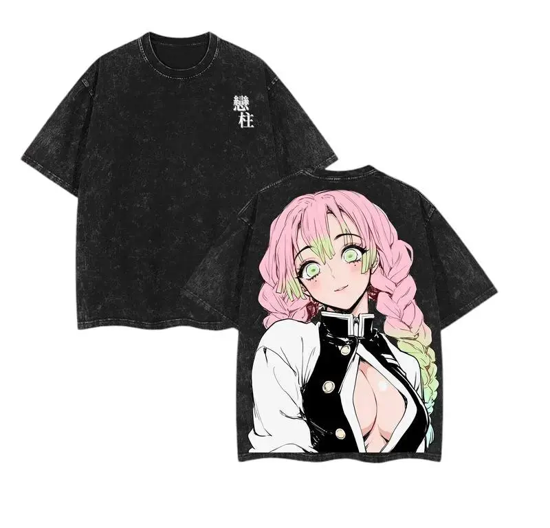 Menswear Streetwear Tshirt with Double-Sided Prints - Oversized Washed Heavyweight Shortsleeve Design, Baggy, Graphics, Statement, Tee, Soft Cotton Dress, Thick, Tops, Casual, Mitsuri Kanroji, Crew Neck, Round Neck, Short Sleeve Tee, Unisex Retro