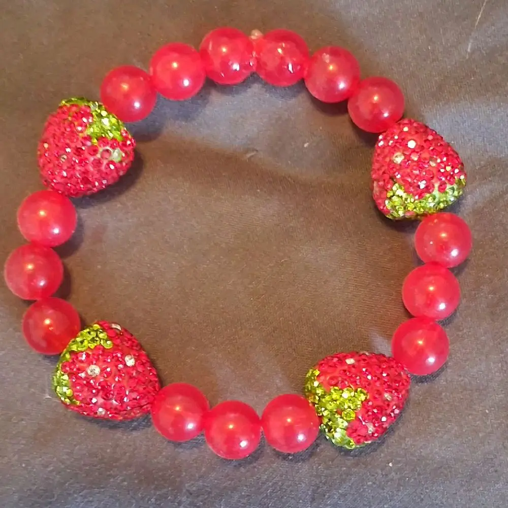 Sparkling Red Strawberry Beaded Stretch Bracelet, Cubic Zirconia Accent, Classic Elegant Semi Formal Jewelry for Anniversary Gifting