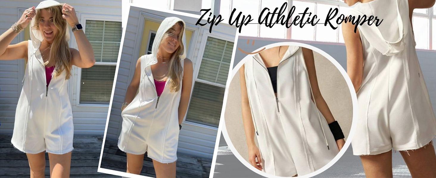 Yeokou Womens Hooded Romper Sleeveless Athletic Workout Summer Casual Half Zip V Neck Overall Jumpsuits with Pockets