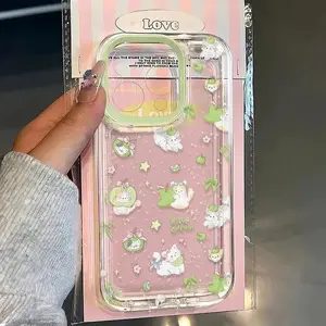 Green Apple Kitten Fresh Cartoon Cute Kawaii Phone Case For iPhone 16 E 15 14 13 12 11 Pro XS Max 7 8 Plus Y2K Lovely Cover