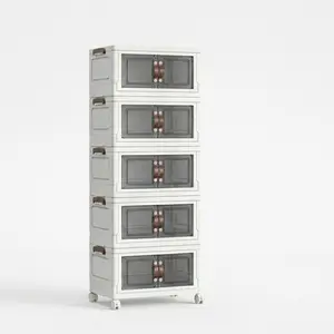 5-Tier Foldable Storage Cabinet with Wheels, Pre-Assembled Plastic Organizer Bins with Clear MagneticDouble Doors for Living Room, Kitchen, Pantry, Whit