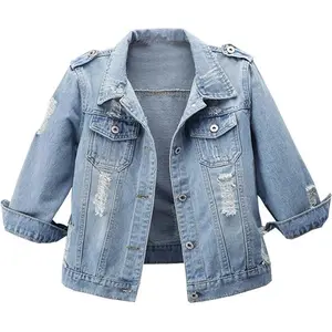 Women’s autumn 3/4-sleeve retro short denim jacket, light blue denim jacket