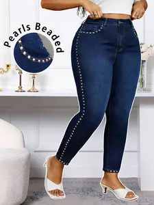 Women's Plus Size Slim Fit Washed Denim Jeans, Stylish Casual Fashion Pants for Everyday Wear, Comfortable and Trendy, Womenswear
