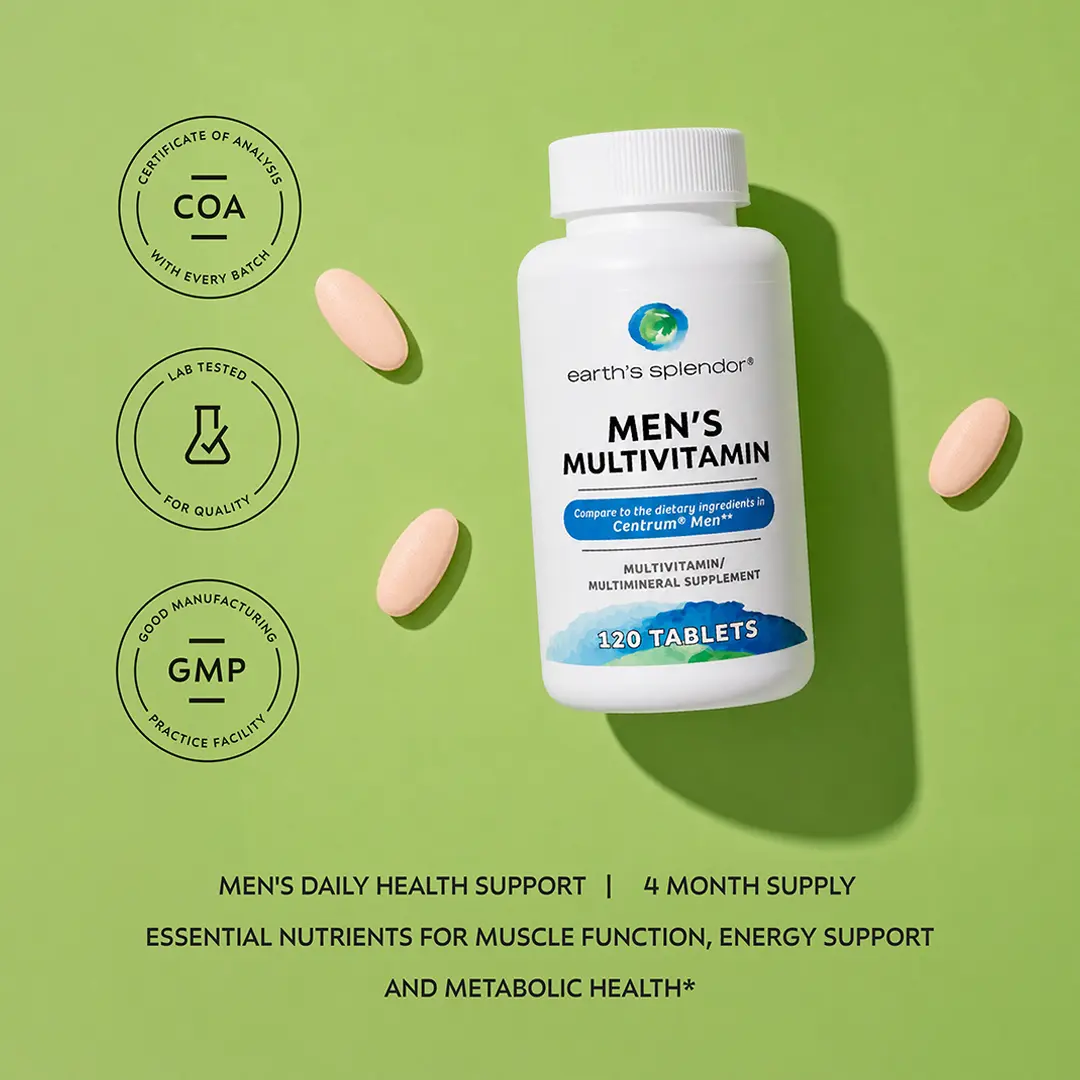 Earth's Splendor Men's Natural Dietary Multivitamin Supplement - 120 Tablets, Iron-Rich B12 for Energy Boost, Vitamin D3, C, Vitamins with Zinc, Metabolism Support, Muscle Health, Immune Defense, Body Health Daily Nutrition
