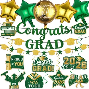 20pcs Graduation Decorations 2026, 1pc Glitter Congrats Grad Banner ,14pcs Class of 2026 Hanging Swirls and 5pcs Foil Balloon Green and Gold Graduation Decorations 2026 for Class of 2026 College Graduations Party Decorations Graduation Party Supplies