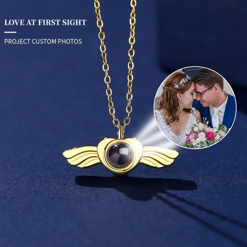 Unisex Silver-Tone Copper Angel Wings Pendant Necklace - Chain Jewelry Necklaces with Auspicious Metal Coating, Micro-Engraving Technology 'I Love You', Personalized Photo/Letter Projection, Custom Content (Contact Us), Korean Daily Wear Costume Accessory